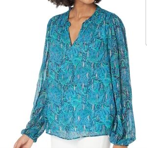 Lilly Pulitzer Giana Long Sleeve Top In Low Tide Blue And Silver Size XXS
